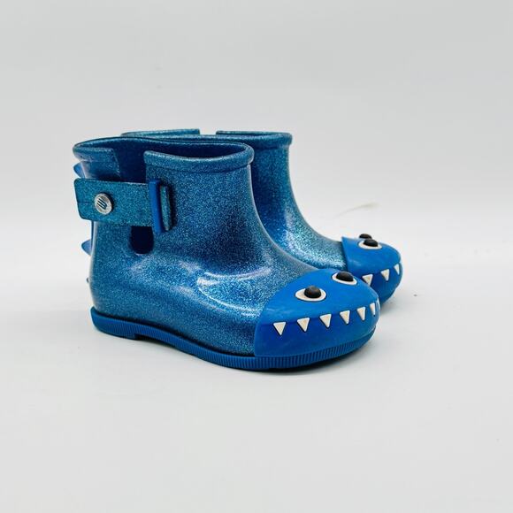 Mini Melissa Shoes Girls 7C Blue Boots Monster Dinosaur Rainboots Fabula Glitter - Picture 2 of 9